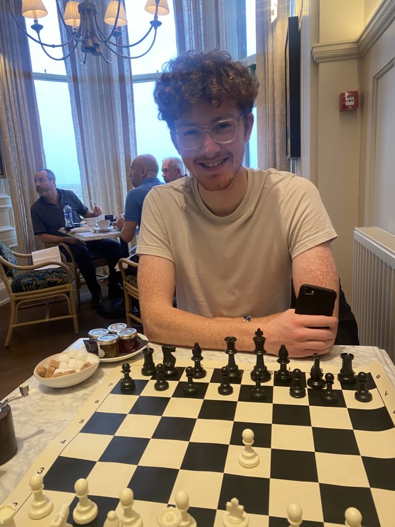 Hunter and I playing a game over breakfast.