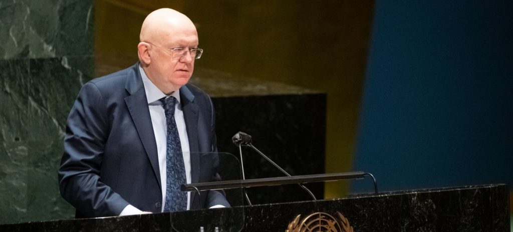 Russian Ambassador Vasily Nebenzya during his speech during the UN General Assembly Emergency Special Session (UN, Evan Schneider). Source: https://news.un.org/en/story/2022/02/1112912