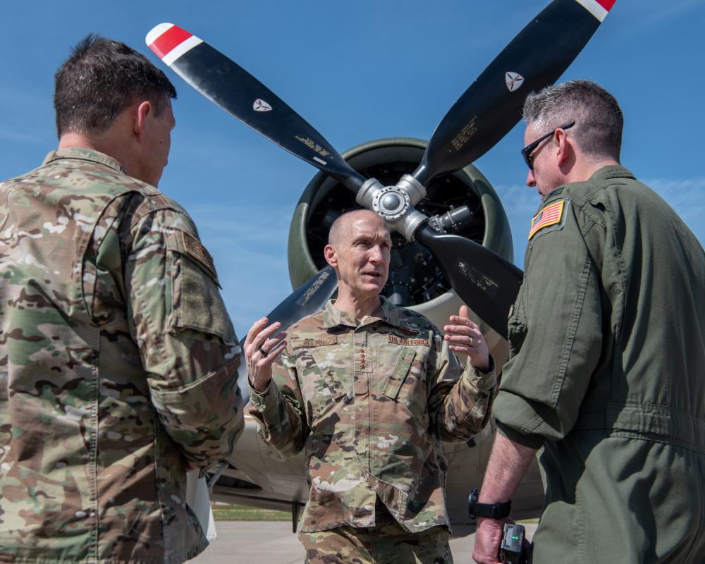 U.S. Air Force Gen. David W. Allvin, Vice Chief of Staff of the Air Force, tours a static display of aircraft the Kentucky Air National Guard Base in Louisville, Ky., April 23, 2022. Allvin was in town for the Thunder Over Louisville air show, which celebrated the 75th anniversary of the United States Air Force. The Kentucky Air Guard served as the base of operations for military aircraft participating in the event. (U.S. Air National Guard photo by Tech. Sgt. Joshua Horton). Source: https://www.dvidshub.net/image/7160312/vcsaf-visits-kyang-thunder-air-show