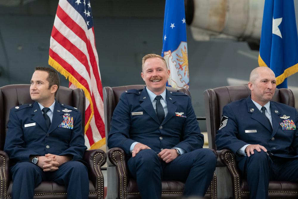 Lt. Col. Dominic Calderon (left), 1st Lt. Kyle Anderson and Master Sgt. Silva Foster, from the 301st Airlift Squadron, take in the moment during their Distinguished Flying Cross ceremony, Apr. 1, 2022 at Travis Air Force Base, Calif. (DVIDS, U.S. Air Force photo by Grant Okubo). Source: https://www.dvidshub.net/image/7121765/total-force-c-17-aircrew-awarded-distinguished-flying-cross