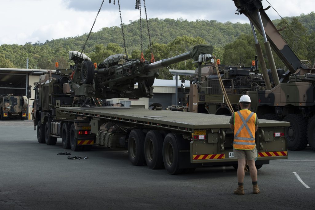 An M777 howitzer from 1st Regiment, Royal Australian Artillery, is prepared for transportation before being loaded onto a truck at Gallipoli Barracks in Brisbane. (Australian Department of Defence / Major Roger Brennan). Source: https://www.overtdefense.com/2022/04/26/australia-sends-155mm-howitzers-to-ukraine/