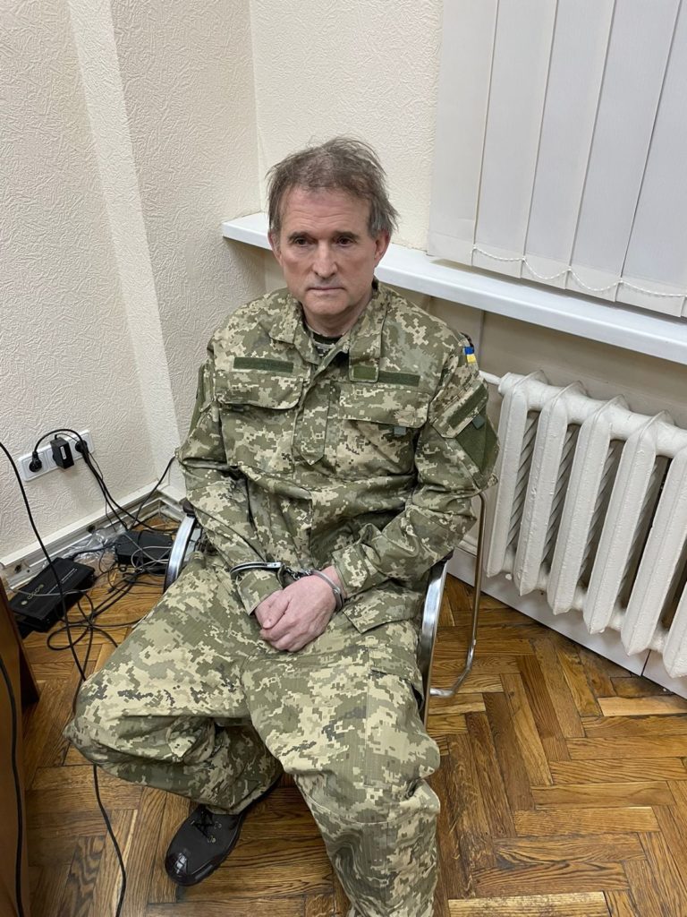Pro-Russian politician Viktor Medvedchuk in handcuffs after being recaptured by Ukrainian authorities (President Volodymyr Zelensky). Source: https://www.facebook.com/photo/?fbid=3052541688329520&set=a.1768961800020855