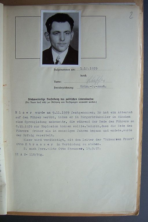  Short description of the offense from the personal file of Georg Elser, from the state police control center Düsseldorf 