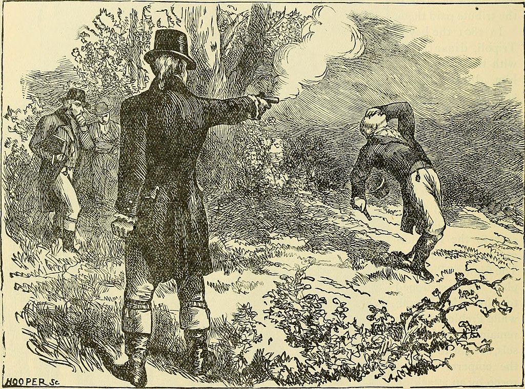 An artist's rendition of Aaron Burr shooting Alexander Hamilton in their duel.