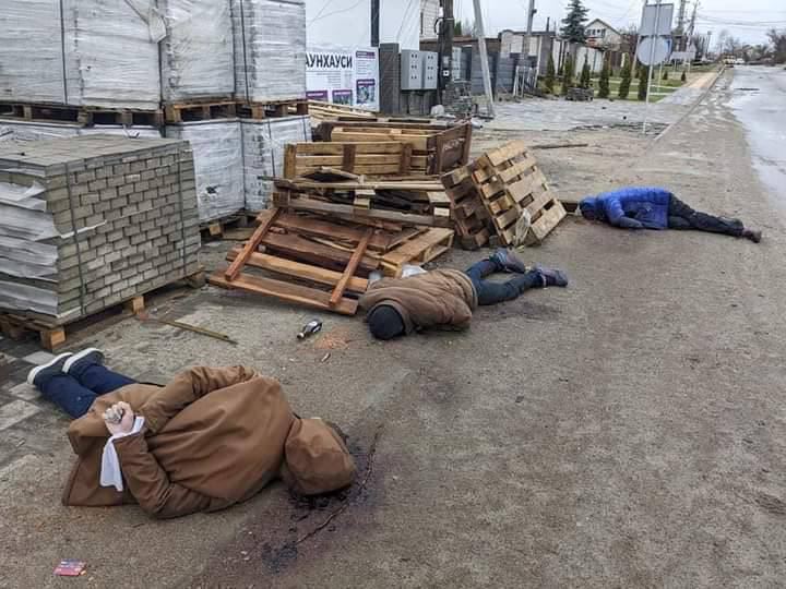 Dead Ukrainians tied up and shot, seemingly in a summary execution fashion (Kyiv Post). Source: https://twitter.com/KyivPost/status/1510890707627741189
