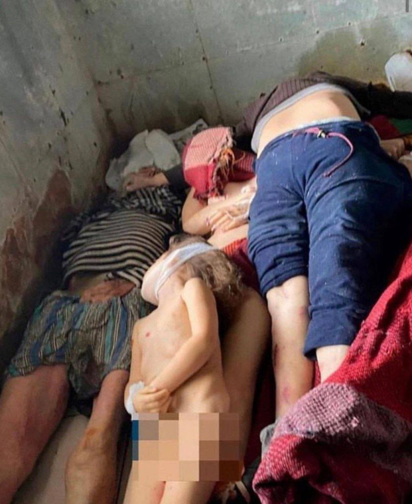 A family allegedly killed by Russian forces in Mykolayiv, Ukraine. 3 year old Arina was allegedly raped as she was found naked, with signs of rape on her body, as well as a white cloth wrapped around her neck to the top portion of her head (Mariana Betsa). Source: https://twitter.com/Mariana_Betsa/status/1510966912724963328