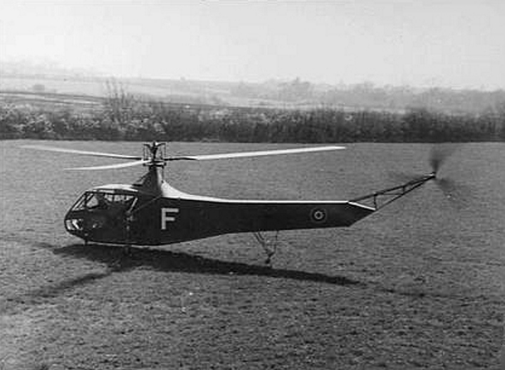 A Sikorsky R-4 Hoverfly helicopter assigned to an RAF Fighter Command rotor flying school taking off.