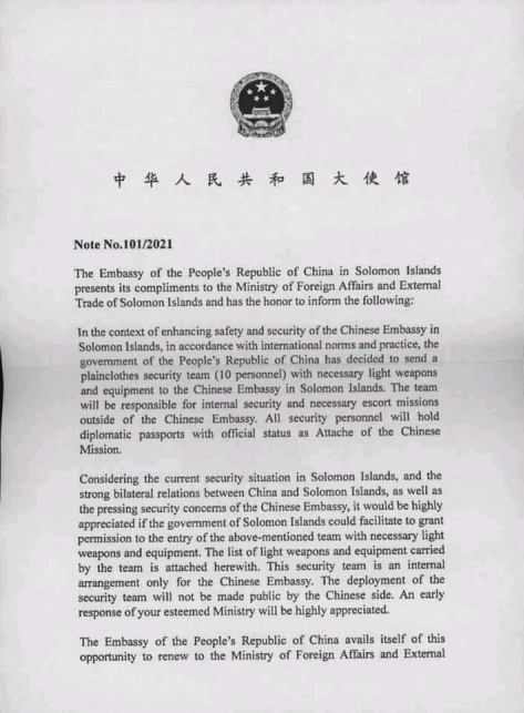 Leaked Documents from China requesting for the deployment of 10 Chinese security personnel to the Solomon Islands page 1 (ABC Australia). Source: https://s3.documentcloud.org/documents/21583247/solomons-docs.pdf