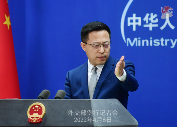 Foreign Ministry Spokesperson Zhao Lijian’s Regular Press Conference on April 6, 2022 (Ministry of Foreign Affairs of China). Source: https://www.fmprc.gov.cn/eng/xwfw_665399/s2510_665401/2511_665403/202204/t20220406_10665019.html