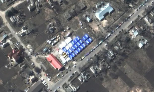 A satellite image of the tents of "filtration camps" in Bezimenne, Mariupol (Maxar via The Guardian). Source: https://www.theguardian.com/world/2022/apr/04/hundreds-of-ukrainians-forcibly-deported-to-russia-say-mariupol-women
