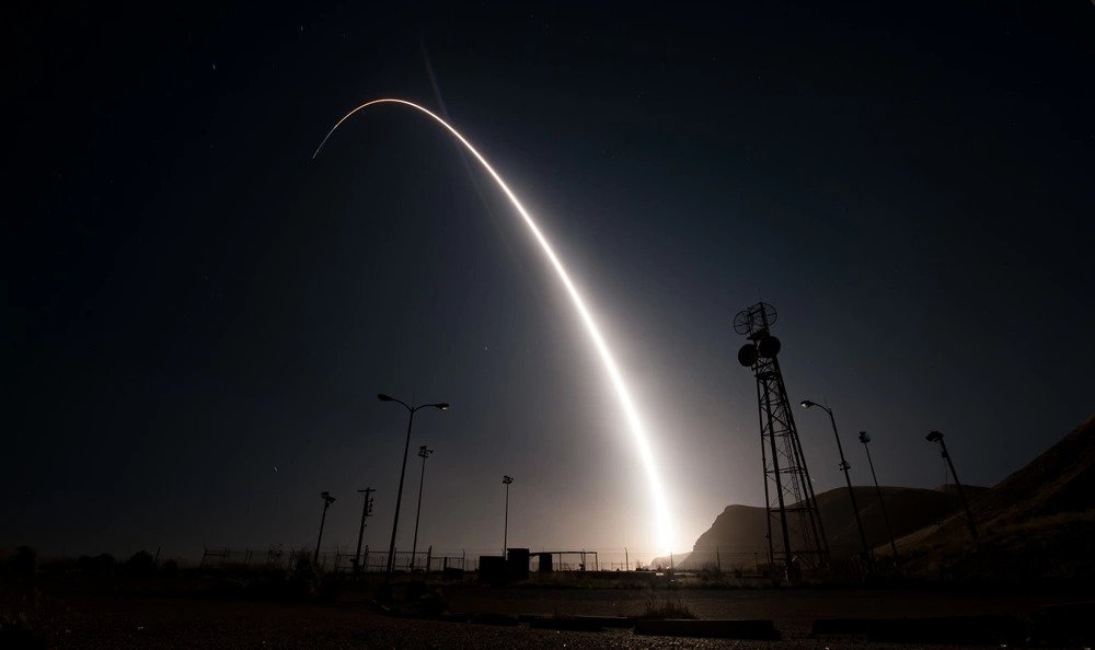 An unarmed Minuteman III intercontinental ballistic missile launches during an operational test at 12:03 a.m., PDT, April 26, from Vandenberg Air Force Base, Calif. (DVIDS, U.S. Air Force photo by Senior Airman Ian Dudley). Source: https://www.dvidshub.net/image/3335456/minuteman-iii-launches-vandenberg