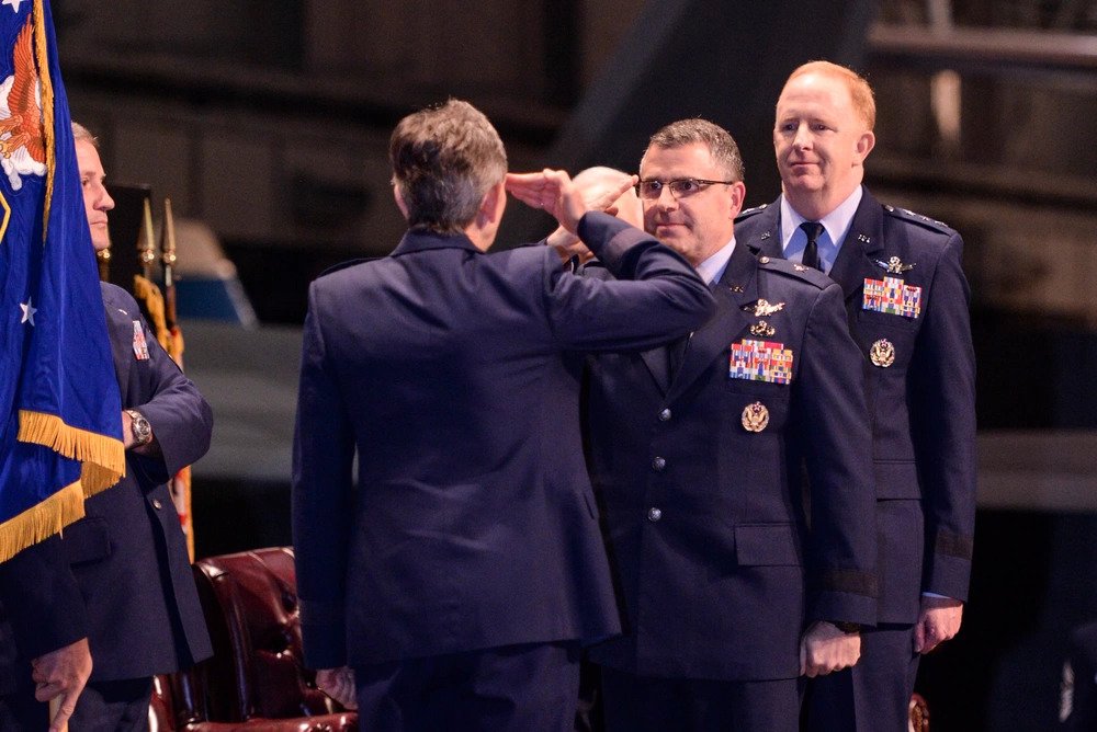Then Brig. Gen. William T. Cooley salutes Gen. Ellen M. Pawlikowski, Air Force Materiel Command commander, after assuming command of the Air Force Research Laboratory during a change of command ceremony in the National Museum of the United States Air Force at Wright-Patterson Air Force Base, Ohio, May, 2, 2017. Cooley replaces Lt. Gen. Robert D. McMurry Jr., who assumed command of the Air Force Life Cycle Management Center from Lt. Gen. John F. Thompson during the same ceremony. (U.S. Air Force photo/Wesley Farnsworth). Source: https://www.dvidshub.net/image/3348886/wpafb-hosts-dual-change-command-ceremonies