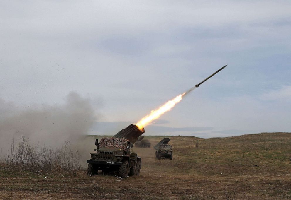 A Ukrainian BM-21 "Grad" shells Russian troops' position, near Lugansk, in the Donbas region of Ukraine, on April 10, 2022. Image credit: Anatolii Stepanov/AFP