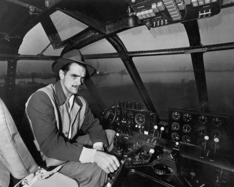 Howard Hughes sits in the cockpit of the Hughes H-4 Hercules in Los Angeles on November 6, 1947