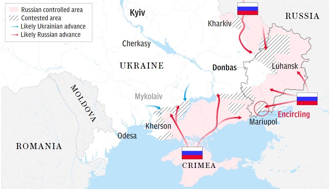 The situation as it exists in Ukraine on April 19, 2022, at 18:05 UTC. Map courtesy of telegraph.co.uk