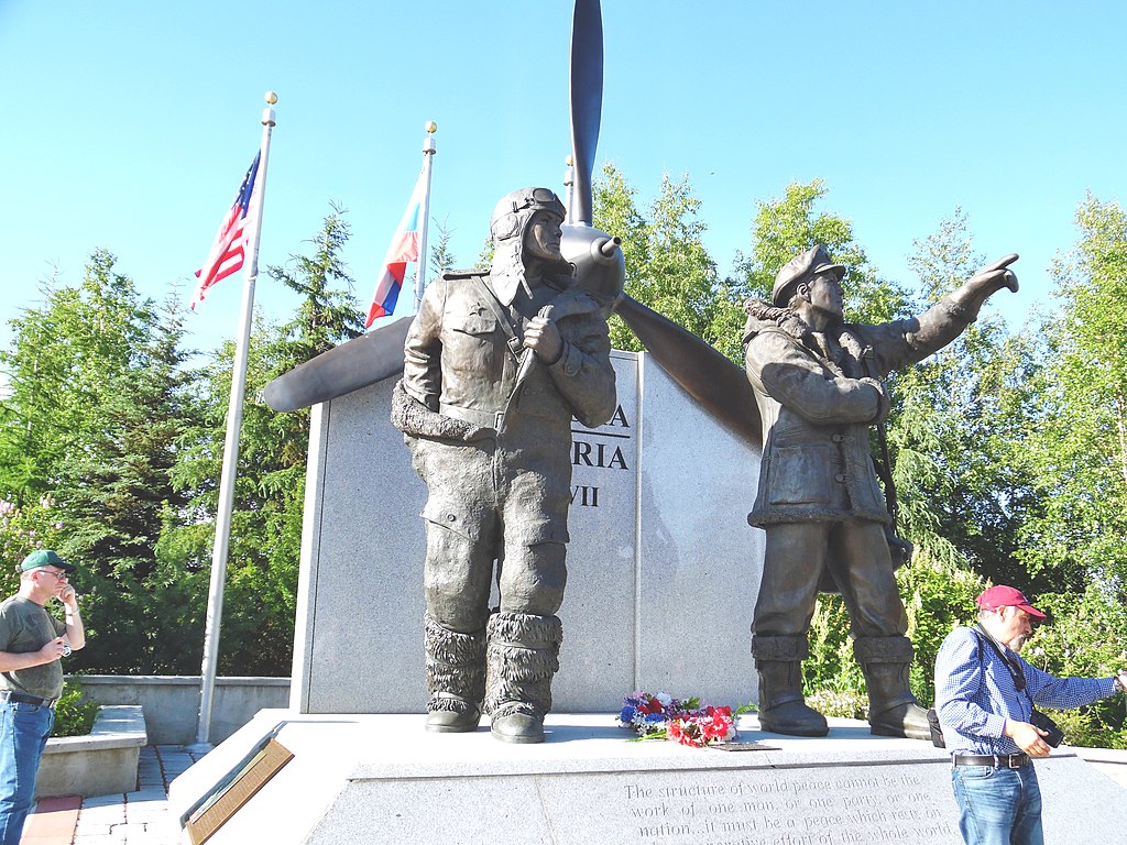 The Lend-lease memorial in Fairbanks, Alaska (Leonid Berger, CC BY-SA 4.0 , via Wikimedia Commons). Source: https://commons.wikimedia.org/wiki/File:Lend-lease_memorial_in_Fairbanks,_Alaska._2016_(150).jpg