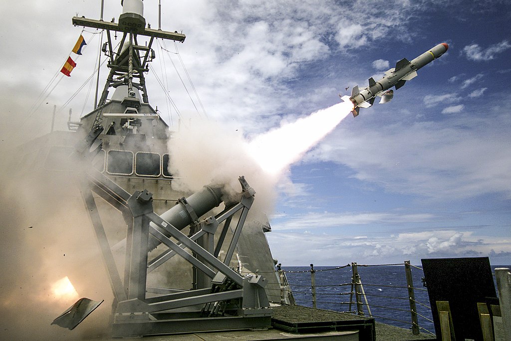 USS Coronado (LCS 4), an Independence-variant littoral combat ship, launches the first over-the-horizon missile engagement using a Harpoon Block 1C missile (Lieutenant Bryce Hadley, U.S. Navy, Public domain, via Wikimedia Commons). Source: https://commons.wikimedia.org/wiki/File:USS_Coronado_Launches_First_Over-The-Horizon_Missle_Using_a_Harpoon_Block_1C_Missile_in_Pacific_Ocean,_July_19,_2016.jpg