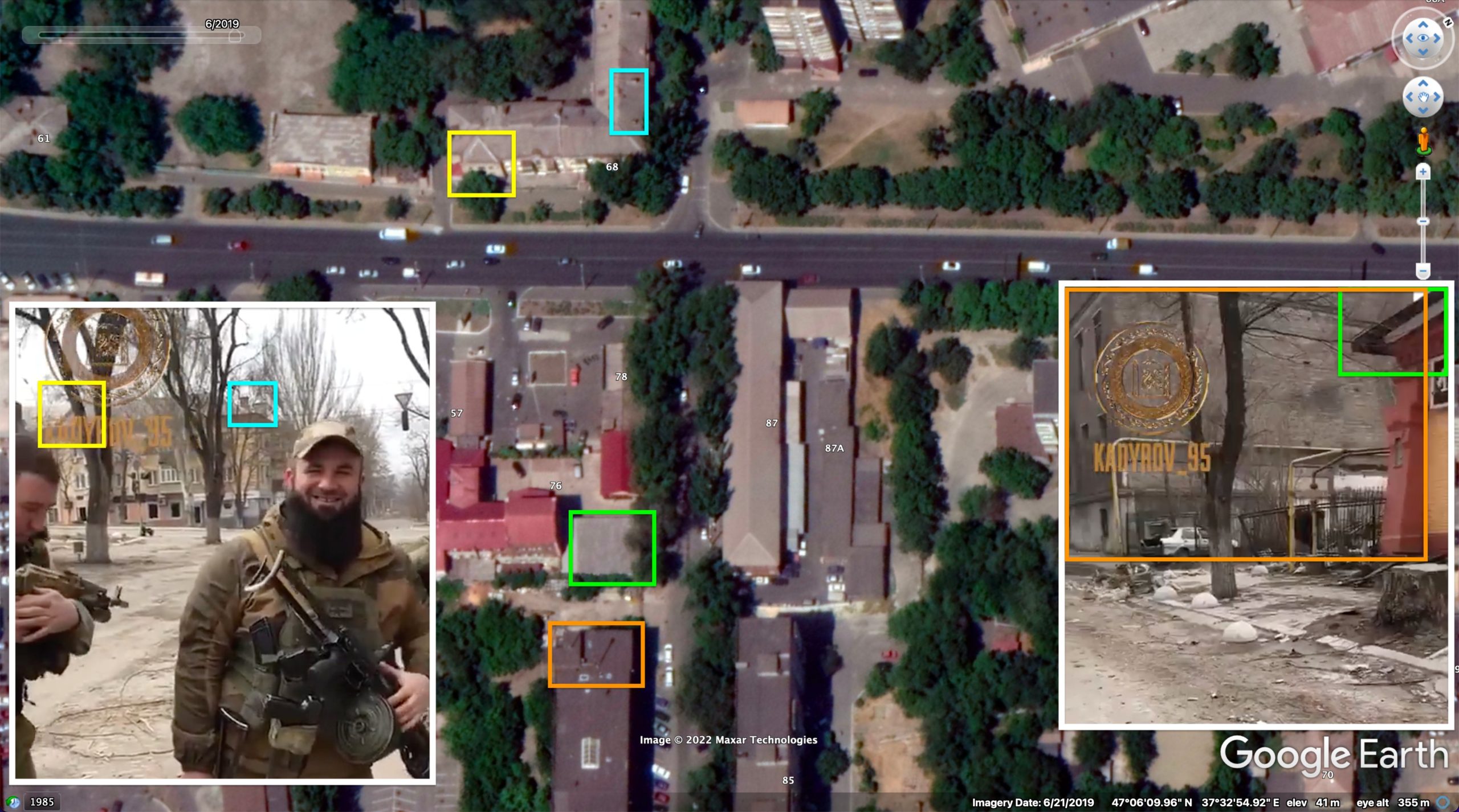 Geolocation of Chechen Kadyrovtsy fighters in Mariupol, Fontanna Street. Location: 47.102627, 37.548807 (Benjamin Strick). Source: https://twitter.com/BenDoBrown/status/1509652201542664202 