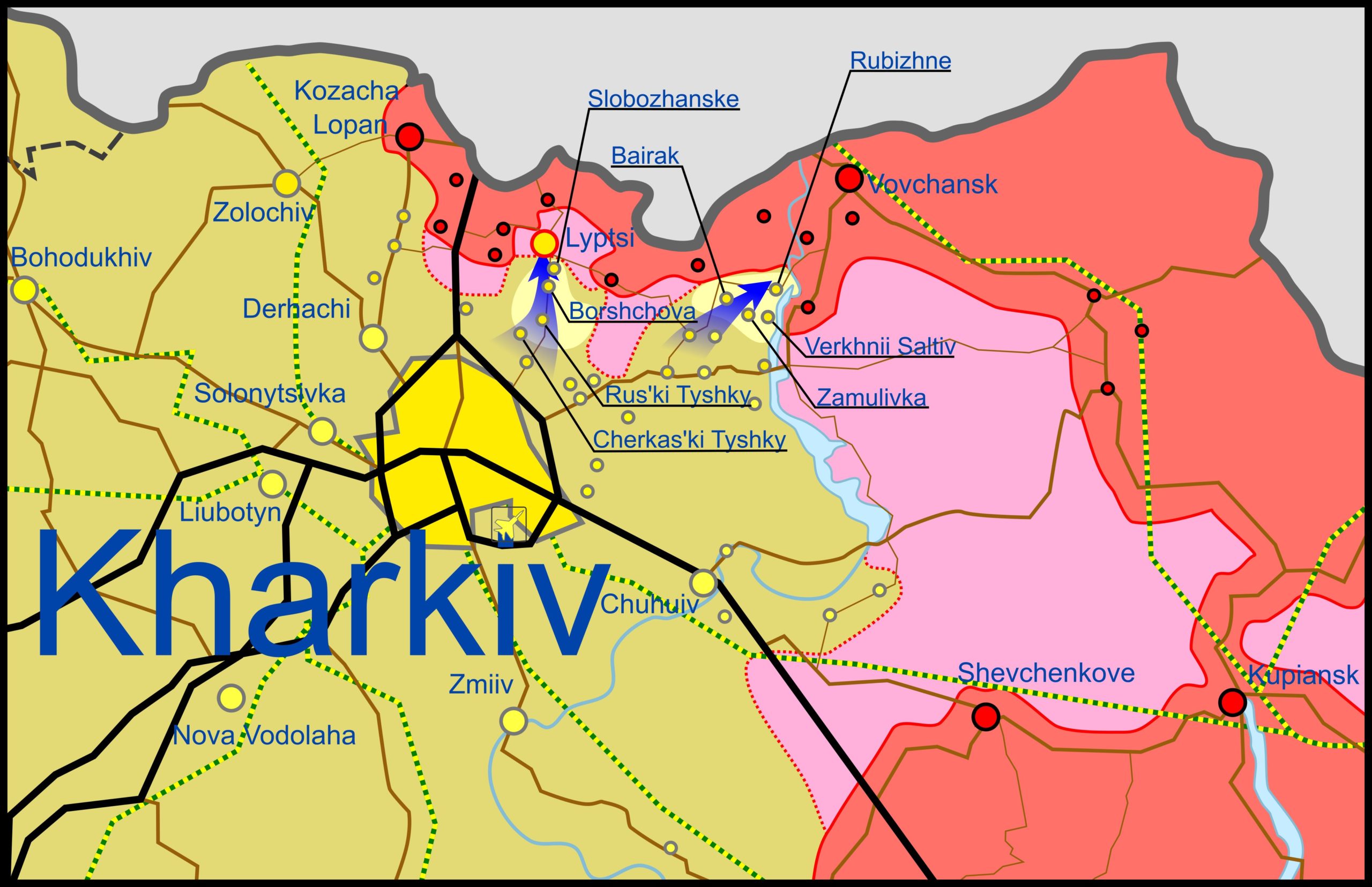 A battle map showing Ukrainian forces launching counter-offensives in Kharkiv, being successful in taking numerous previously Russian-occupied areas (Ukraine War Map). Source: https://twitter.com/War_Mapper/status/1523815508029714434