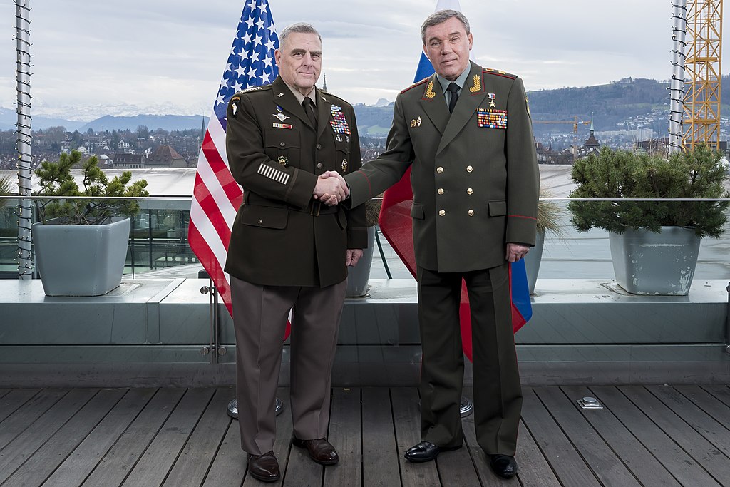 Chairman of the Joint Chiefs of Staff Gen. Mark A. Milley meets with Chief of the Russian General Staff Gen. Valery Gerasimov in Bern, Switzerland, Dec. 18, 2019 (Chairman of the Joint Chiefs of Staff from Washington D.C, United States, CC BY 2.0 , via Wikimedia Commons). Source: https://commons.wikimedia.org/wiki/File:Mark_Milley_and_Valery_Gerasimov_191218-D-HD608-004_(49239131457).jpg