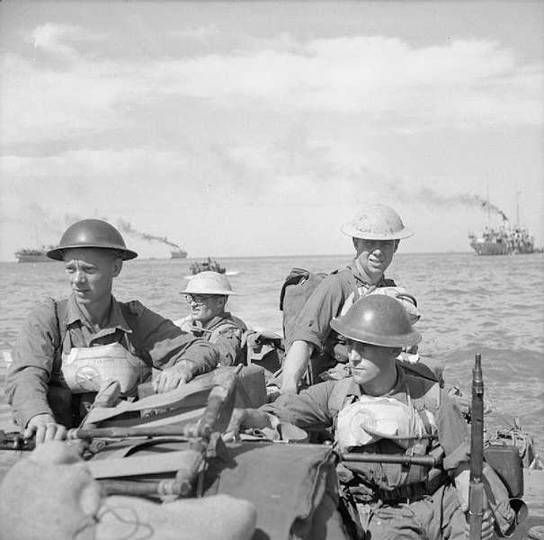 British troops in a landing craft make their way ashore on Ramree Island, on 21 January 1945.