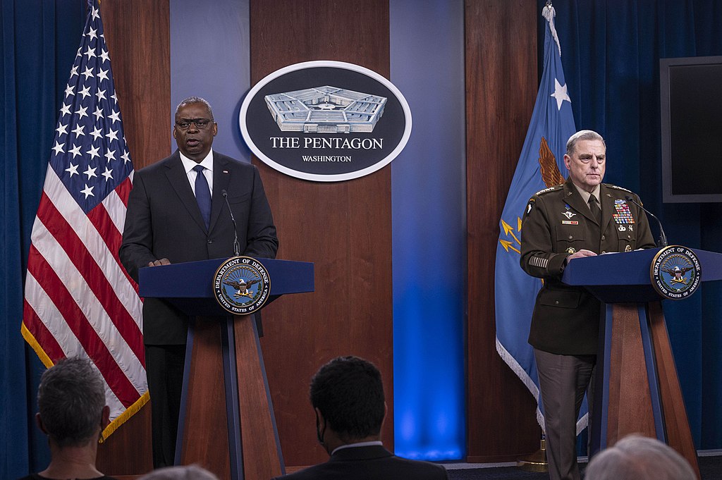 Secretary of Defense Lloyd J. Austin III and Army Gen. Mark A. Milley, chairman of the Joint Chiefs of Staff, brief the media on Afghanistan, the Pentagon, Washington, D.C., Aug. 18, 2021 (U.S. Department of Defense, Public domain, via Wikimedia Commons). Source: https://commons.wikimedia.org/wiki/File:Secretary_of_Defense_Lloyd_J._Austin_III_and_Army_Gen._Mark_A._Milley,_chairman_of_the_Joint_Chiefs_of_Staff,_brief_the_media_210818-F-CN170-044.jpg