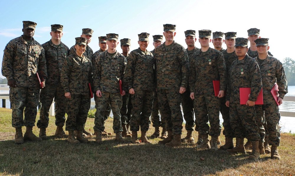 U.S. Marine Corps Brig. Gen. Stephen M. Neary, commanding general of 2nd Marine Expeditionary Brigade, stands with the unit’s most recent recipients of a Navy and Marine Corps Achievement Medal at Camp Lejeune, N.C., Dec. 11, 2018. The Marines received the award for their exemplary performance while supporting the unit during Exercise Trident Juncture 18 in Norway. The award is earned by exemplifying superior performance outside one’s designated military occupational specialty. (U.S. Marine Corps photo by Cpl. Patrick Osino). Source: https://www.dvidshub.net/image/4969265/hard-work-pays-2nd-meb-marines-receive-awards