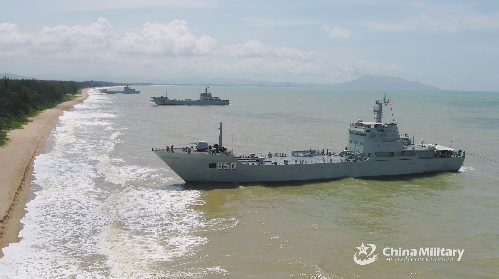 Landing ships attached to a landing ship group with the navy under the PLA Southern Theater Command approach the coast in formation during a maritime coordination training exercise in the middle of June, 2022. (eng.chinamil.com.cn/Photo by Lai Bingzhang). Source: http://eng.chinamil.com.cn/view/2022-06/21/content_10165049_4.htm
