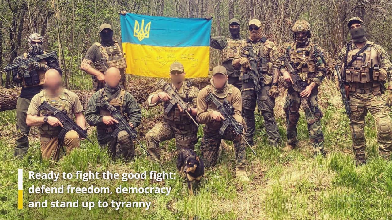 Members of the Ukrainian International Legion of Defense of Ukraine (ILDU). Source: https://www.facebook.com/ukr.international.legion/photos/a.954614464605888/5278633492203942/