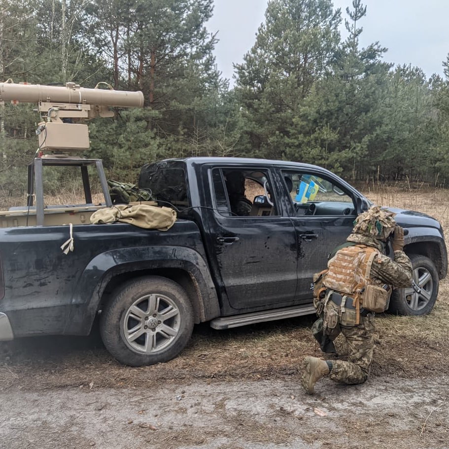 A retrofitted truck made by Car4Ukraine with an anti-tank weapon mounted on the back (Car4Ukraine). Source: https://www.facebook.com/car4ukraine/photos/122899413727985