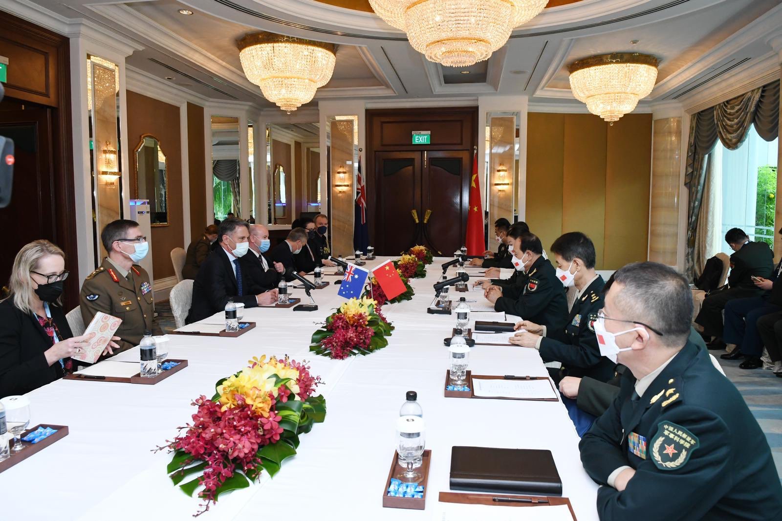 Australian Defense Minister Richard Marles and Chinese Defense Minister General Wei Fenghe during a round table discussion in Singapore (Andrew Greene). Source: https://twitter.com/AndrewBGreene/status/1535864600197230592