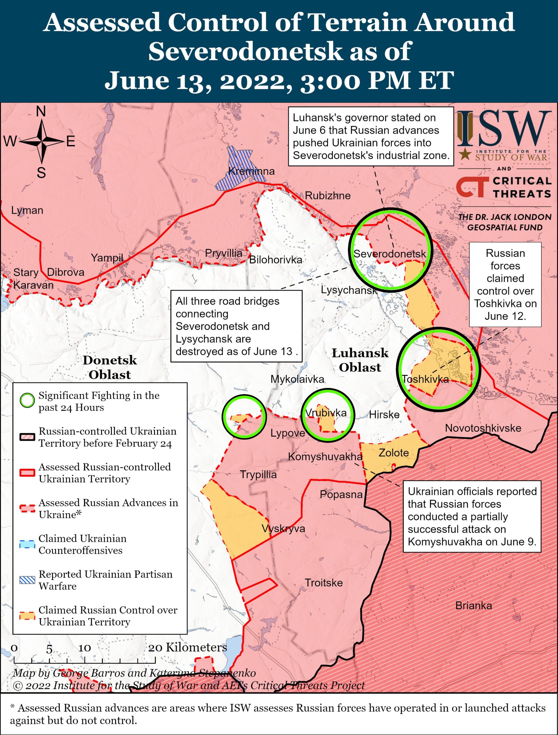 Battle map assessing Russian-held areas and advances in the Donbas region. Severodonetsk is found on the upper right side (Study of War). Source: https://twitter.com/TheStudyofWar/status/1536505729049313280
