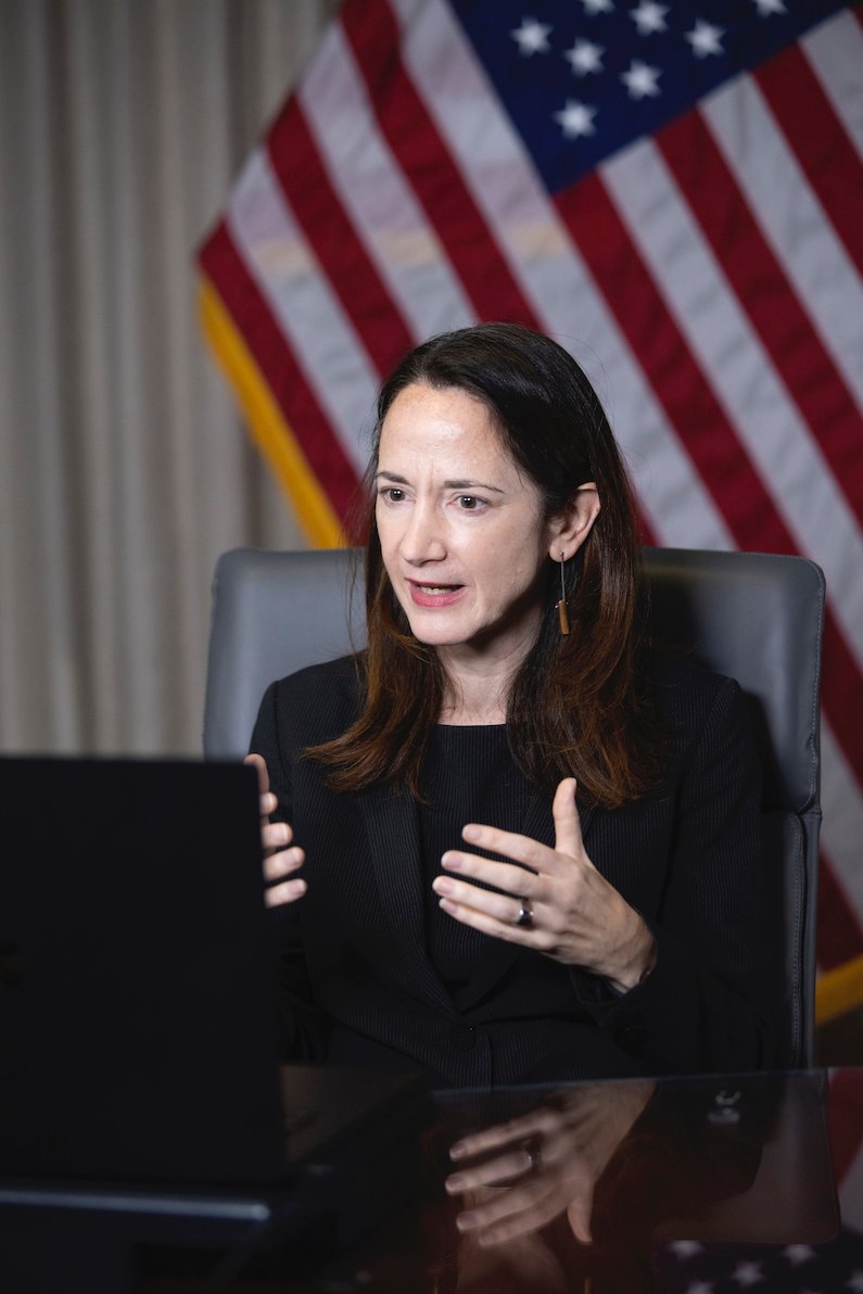 On her first full day as DNI, Director Haines introduced herself to the ODNI workforce during a virtual town hall meeting, 2021 (Office of the Director of National Intelligence, Public domain, via Wikimedia Commons).