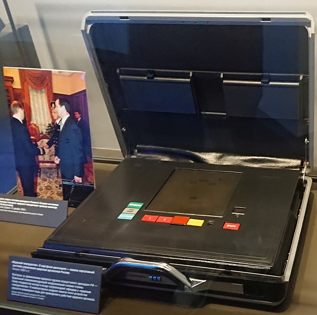 The Russian nuclear briefcase containing Boris Yeltsin's launch codes. This briefcase is also known as the Cheget in Russia (Stanislav Kozlovskiy, CC BY-SA 4.0 , via Wikimedia Commons). Source: https://commons.wikimedia.org/wiki/File:Nuclear_case_02.jpg
