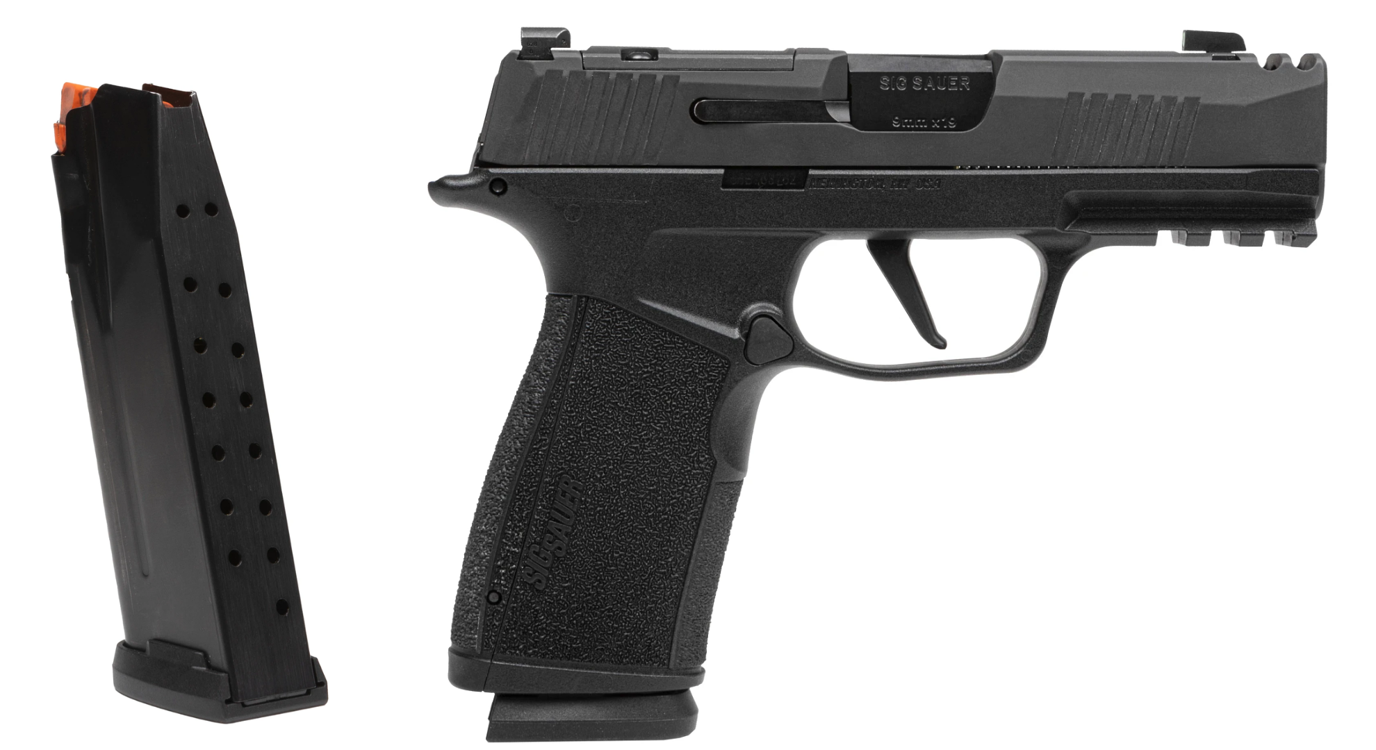 A collage photo of a pistol and magazine