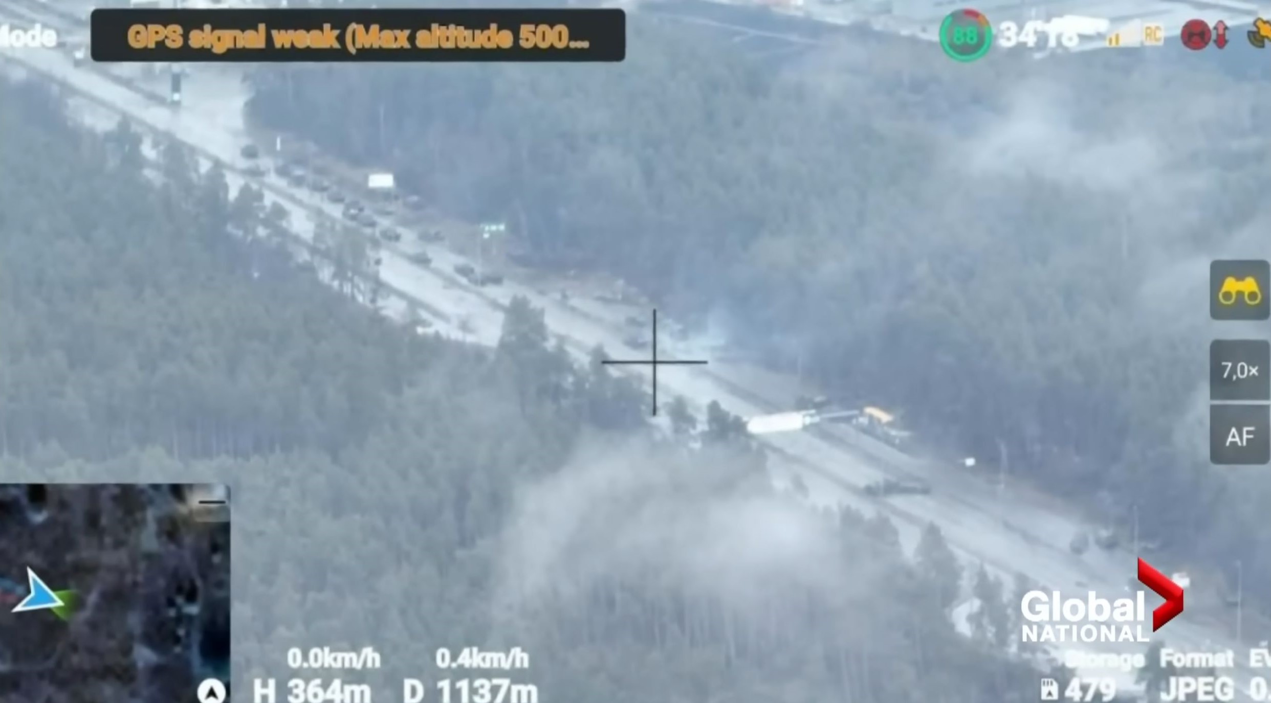 An image taken from a drone showing the movement of Russian troops towards Kyiv.