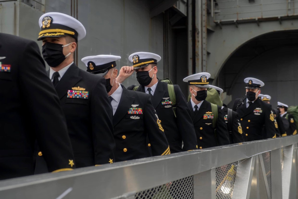 Sailors leave USS Nimitz (CVN-68) at Naval Magazine Indian Island on March 4, 2021. US Navy Photo