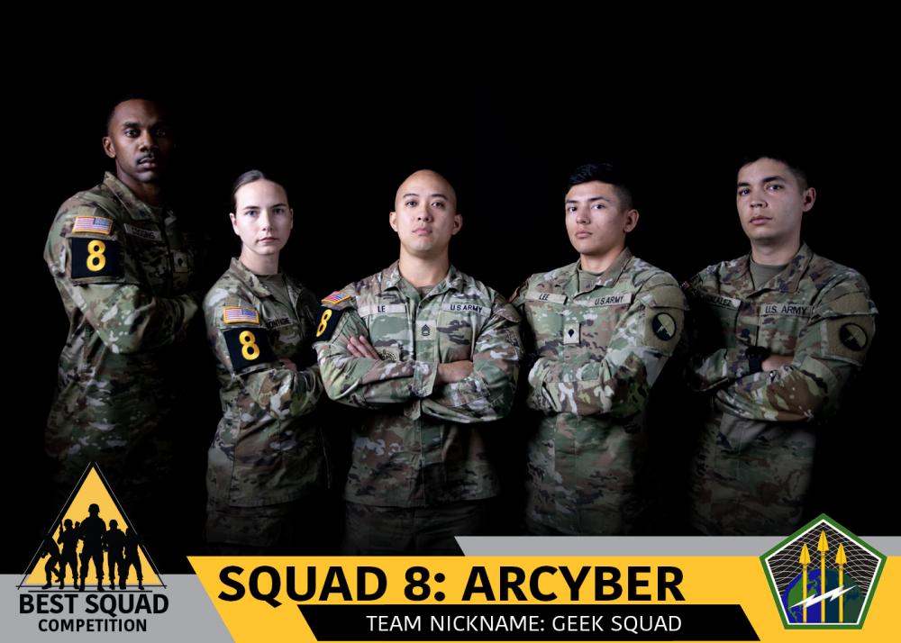 A five person squad stands with crossed arms