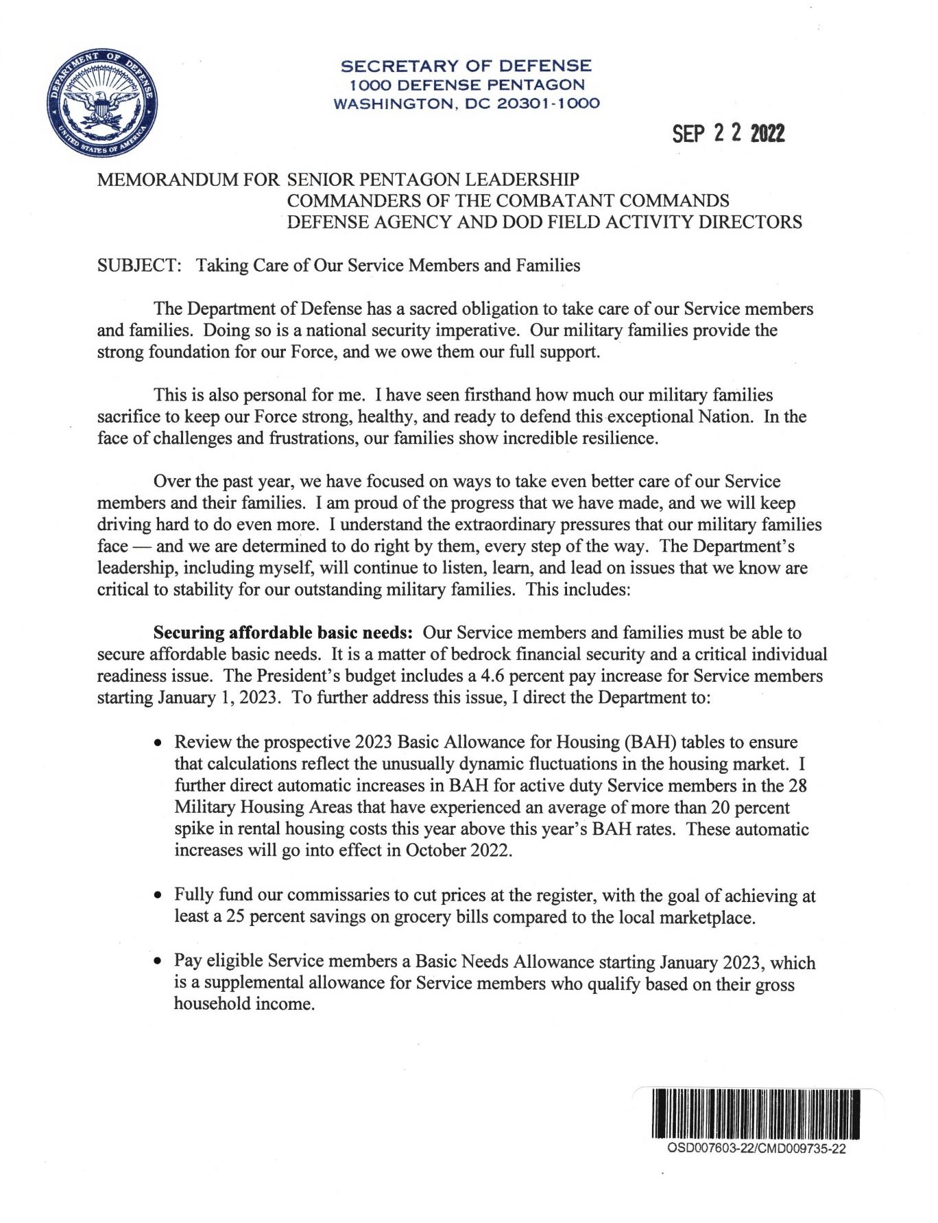 memo addressing military pay and food insecurity