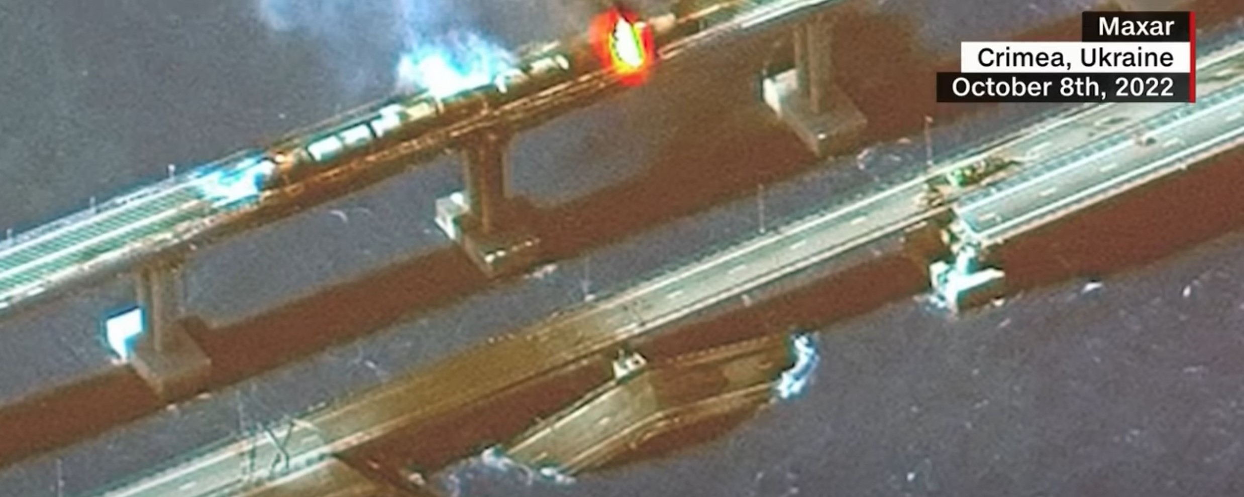 A large section of the Crimean Bridge missing