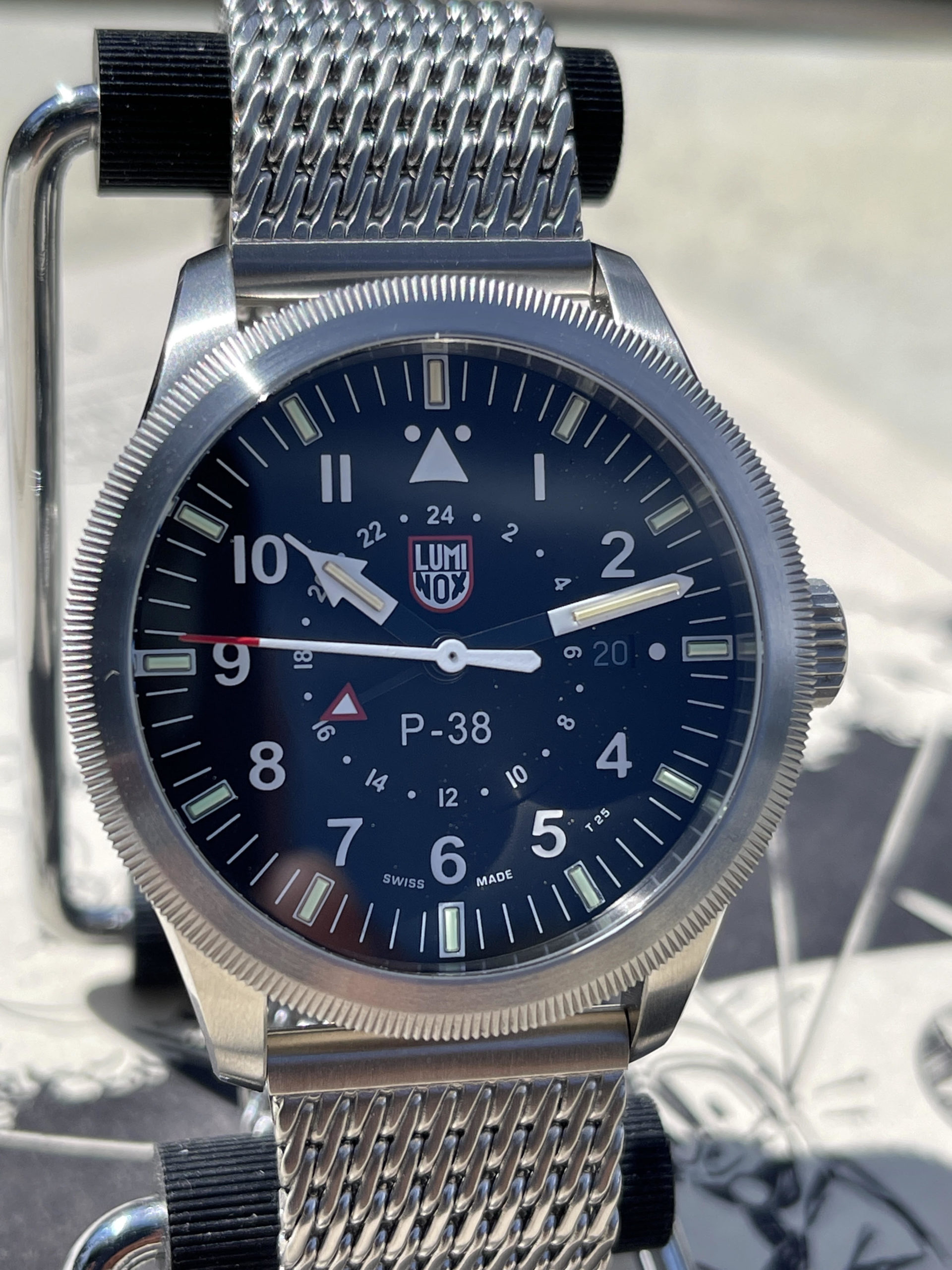 The Luminox P-38 Lightening on a stand
