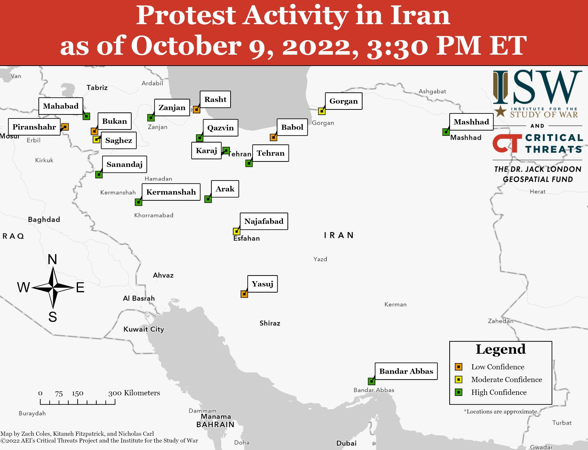 Map showing the protest activity in Iran as of October 9th, 2022