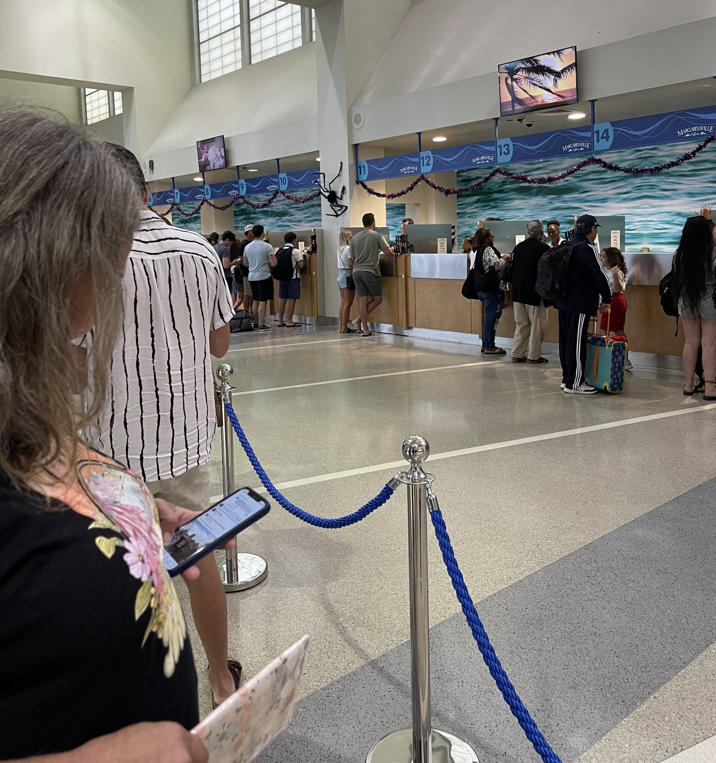 Waiting in line to show our documents