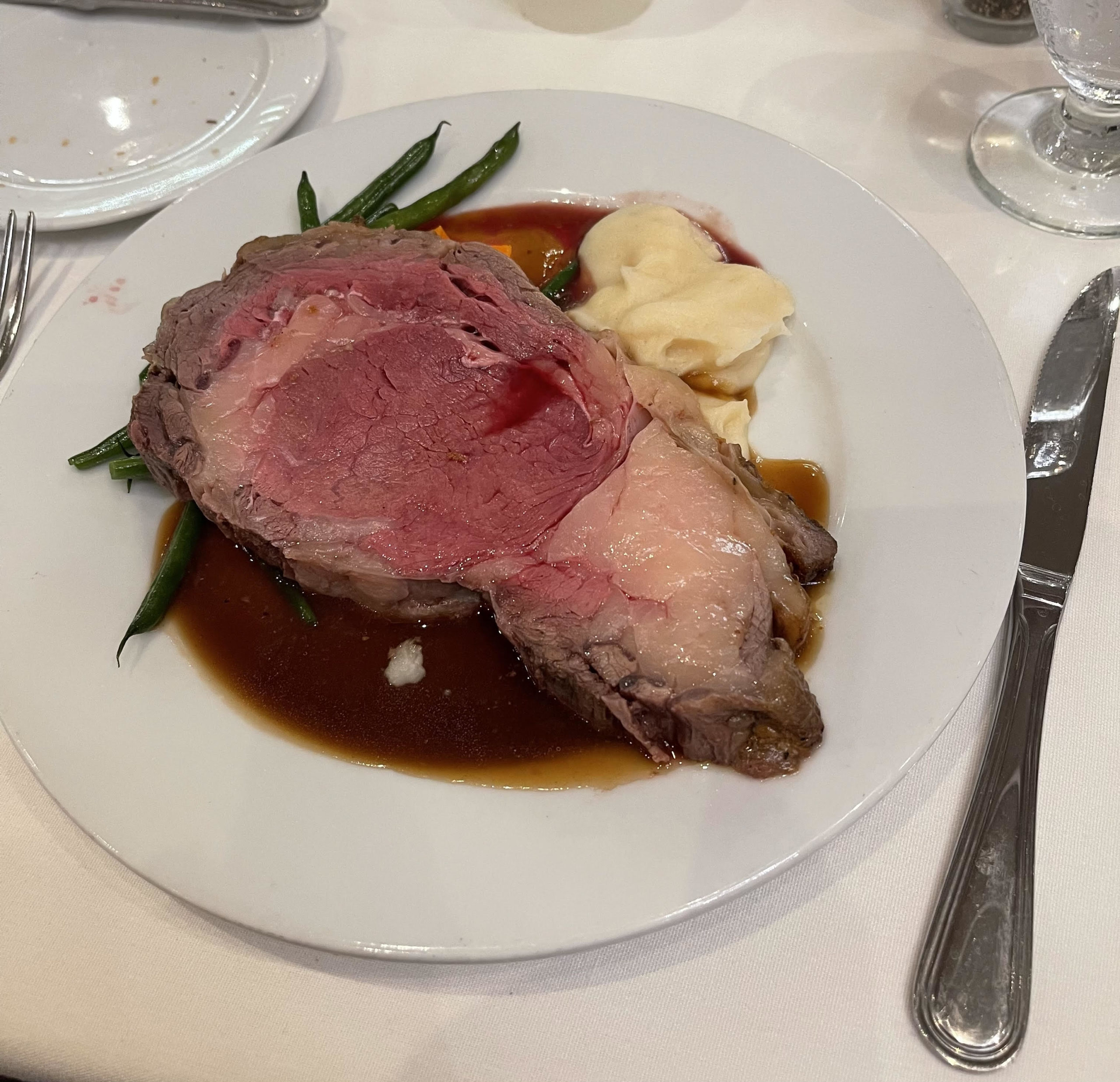 prime rib, potatoes and string beans from the main dining room