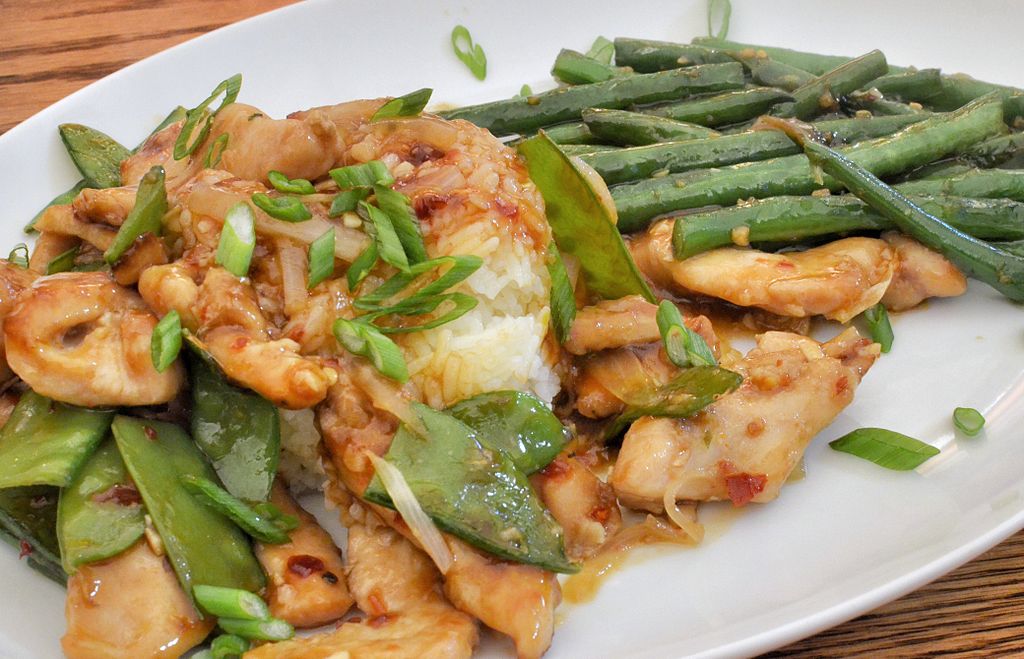 Chicken and snow peas with stir fried green beans