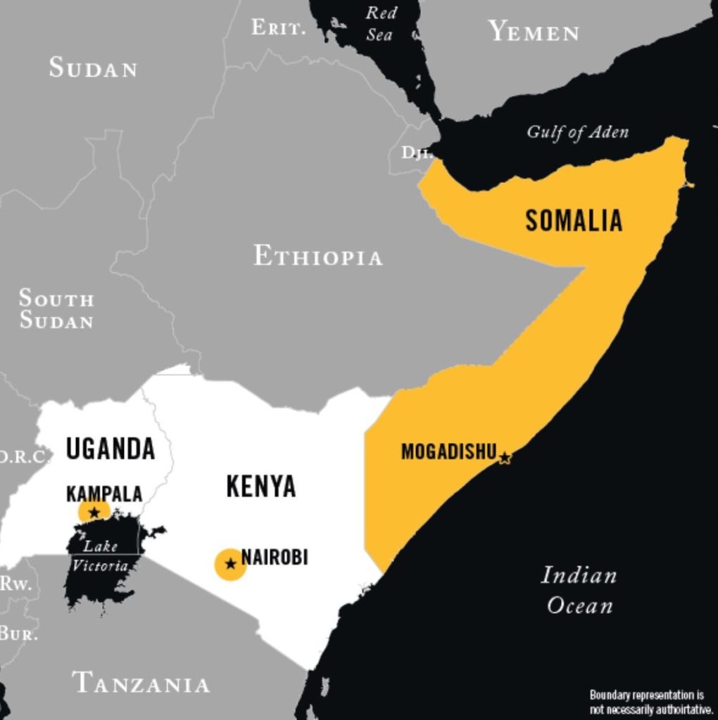 A map of Somalia, Kenya and Uganda