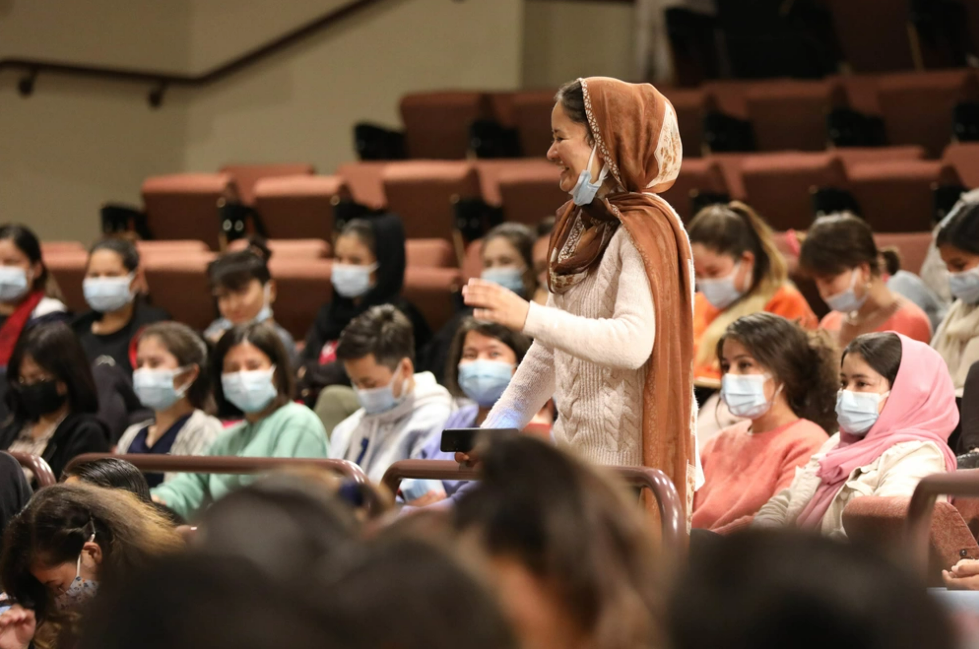 Afghan women at a town hall meeting at the Asian University for Women in Fort McCoy, Wisconsin on October 2021.