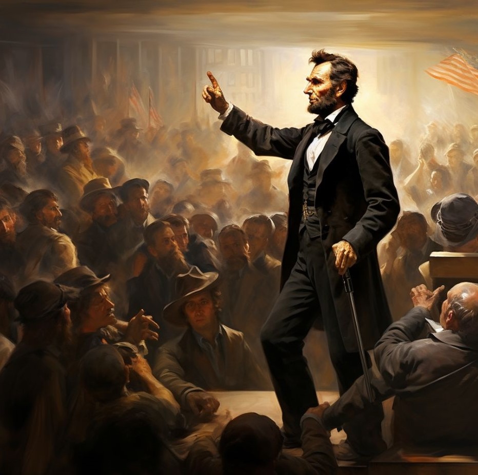A standing Abraham Lincoln gives a speech