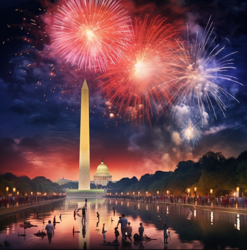 Fireworks in front of the Washington monument