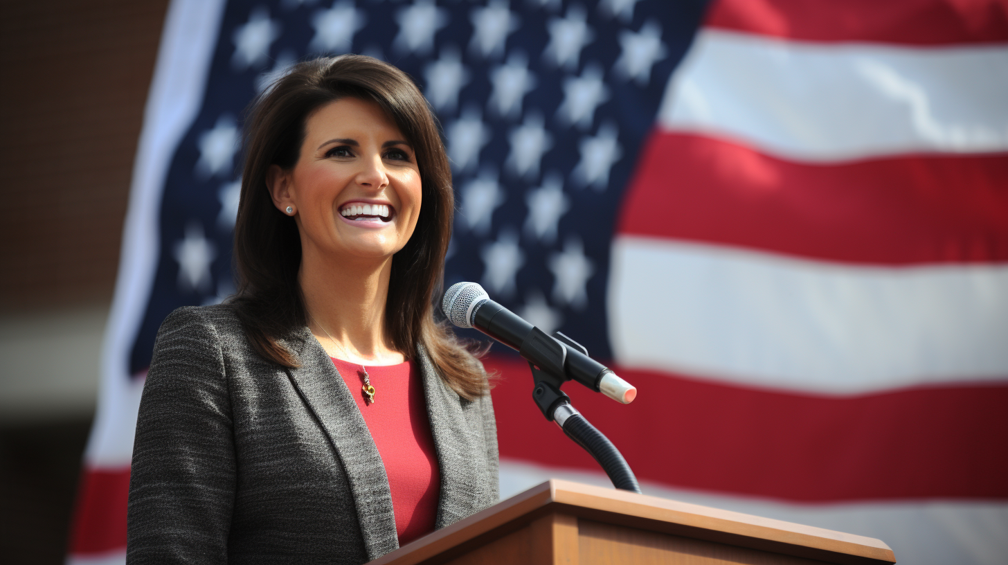 Nikki Haley in front of the flag